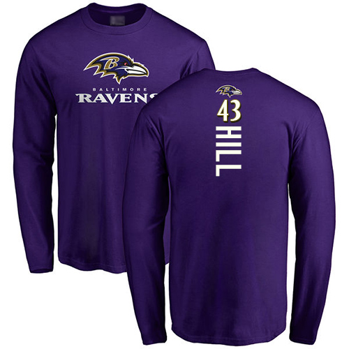 Men Baltimore Ravens Purple Justice Hill Backer NFL Football #43 Long Sleeve T Shirt->nfl t-shirts->Sports Accessory